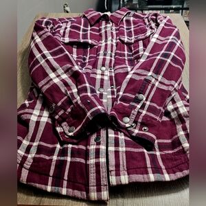 Womens Duluth Trading Free Swinging flannel plaid jacket size XS burgundy/white